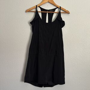 Small Aqua Shorts Romper, black, racer back, sleeveless, ruffles, ribbed